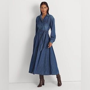 Denim Shirt Maxi Dress with Waist Tie - Blue